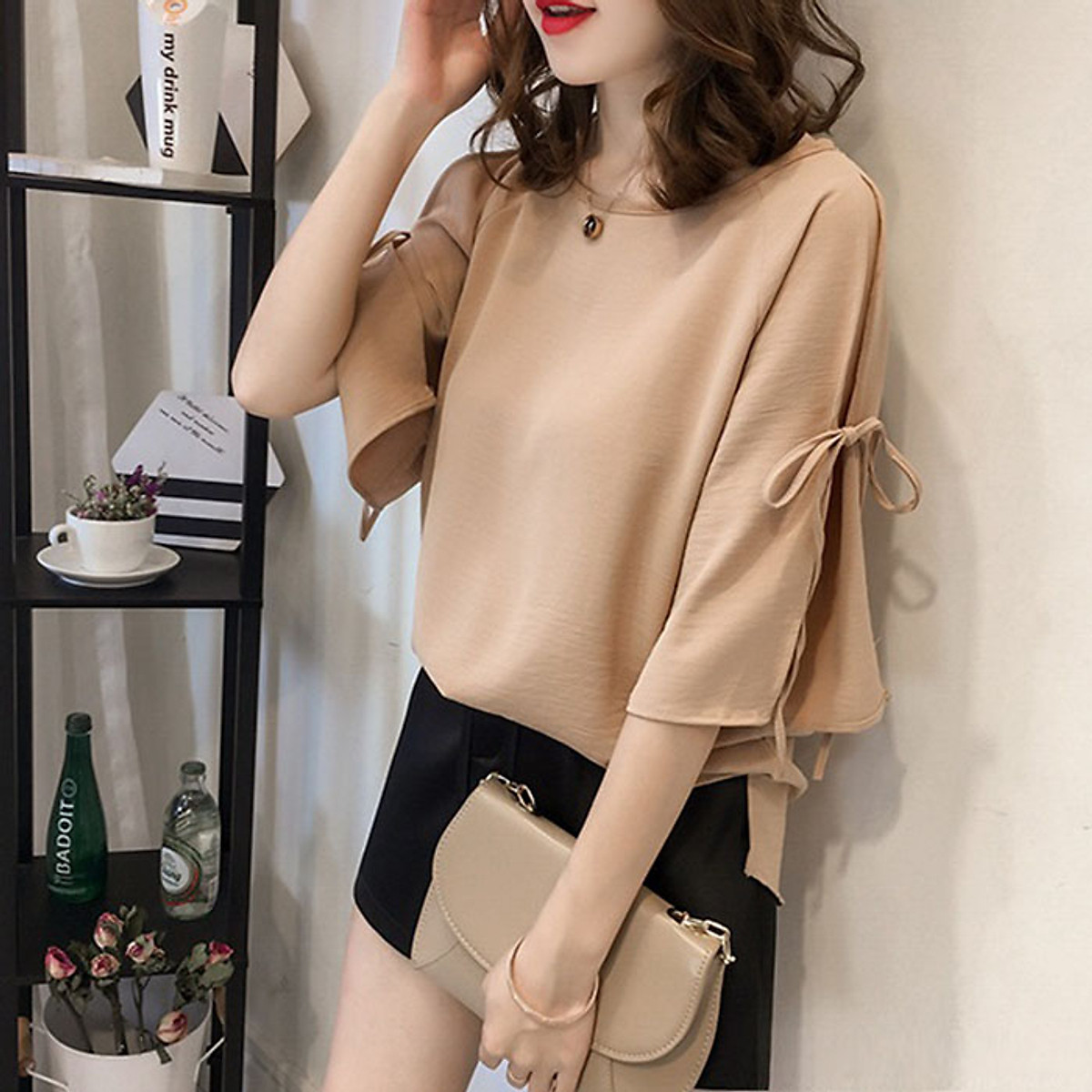 Áo sơ mi nữ chiffon cổ tròn hở vai điệu đà, thời trang trẻ, phong cách Hàn Quốc