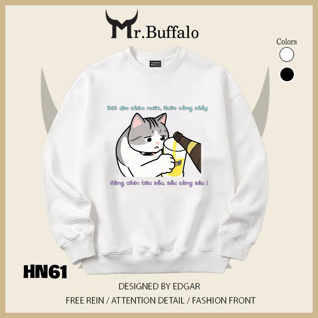 Áo sweater thu đông form rộng in chữ Hài Hước, mèo uống bia Mr.buffalo - [HN61] Áo Đen