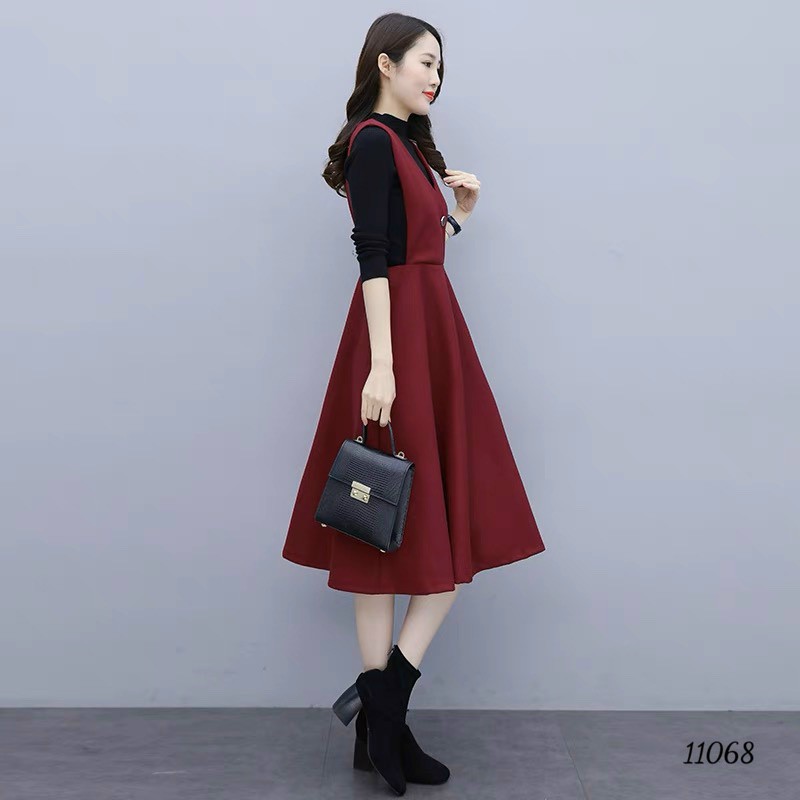 Đầm váy nữ vest dự tiệc công sở đỏ đen phối thun gân dài tay sang trọng