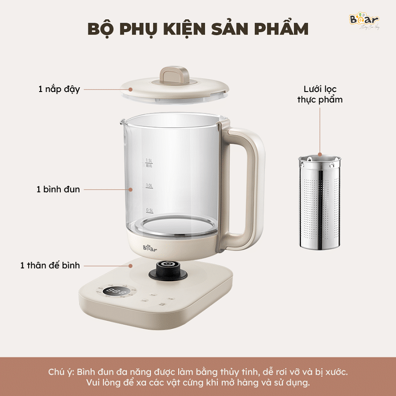 Bình Pha Trà Sothing Bear SB-PT15K 1000W Ấm Thủy Tinh Đun Nước Giữ Nhiệt Hẹn Giờ Có Lõi Lọc- Hàng Chính Hãng