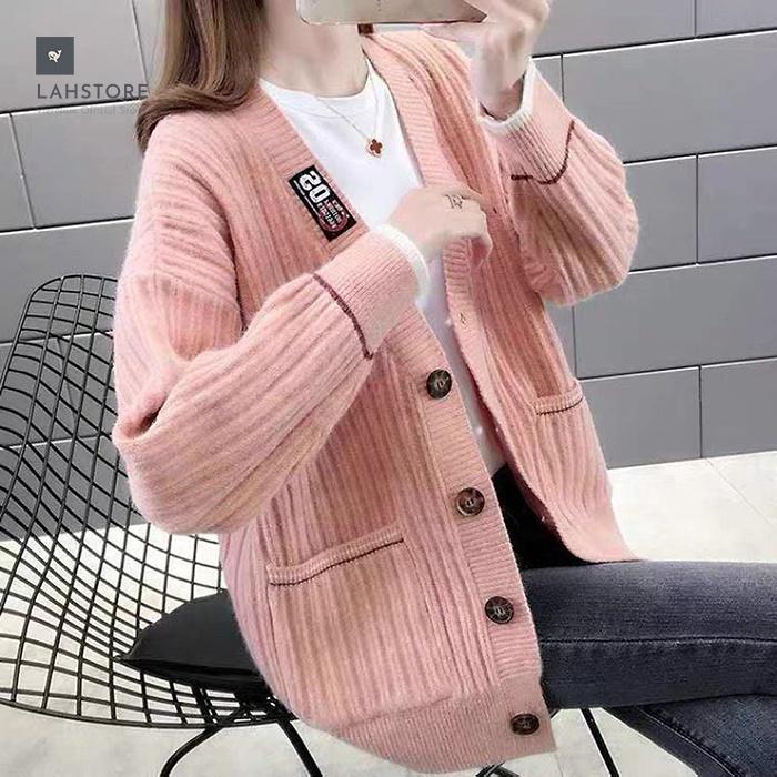 Áo khoác len cardigan nữ tay phồng tiểu thư LAHSTORE, thời trang thu đông 2021 (Xanh)