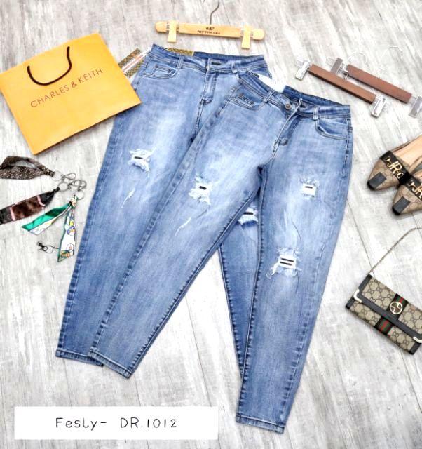 Quần Jeans Nữ Baggy Xanh Rách Thêu Túi Lưng Cao