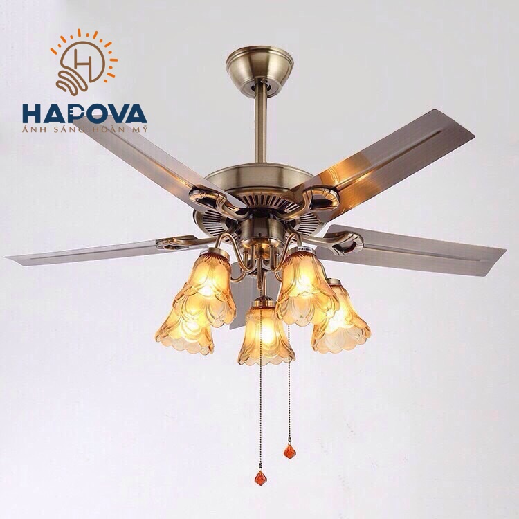 Quạt trần đèn, quạt trần có đèn led 5 cánh HAPOVA LINBA 8095 + Tăng kèm bóng led AS Vàng hàng chính hãng