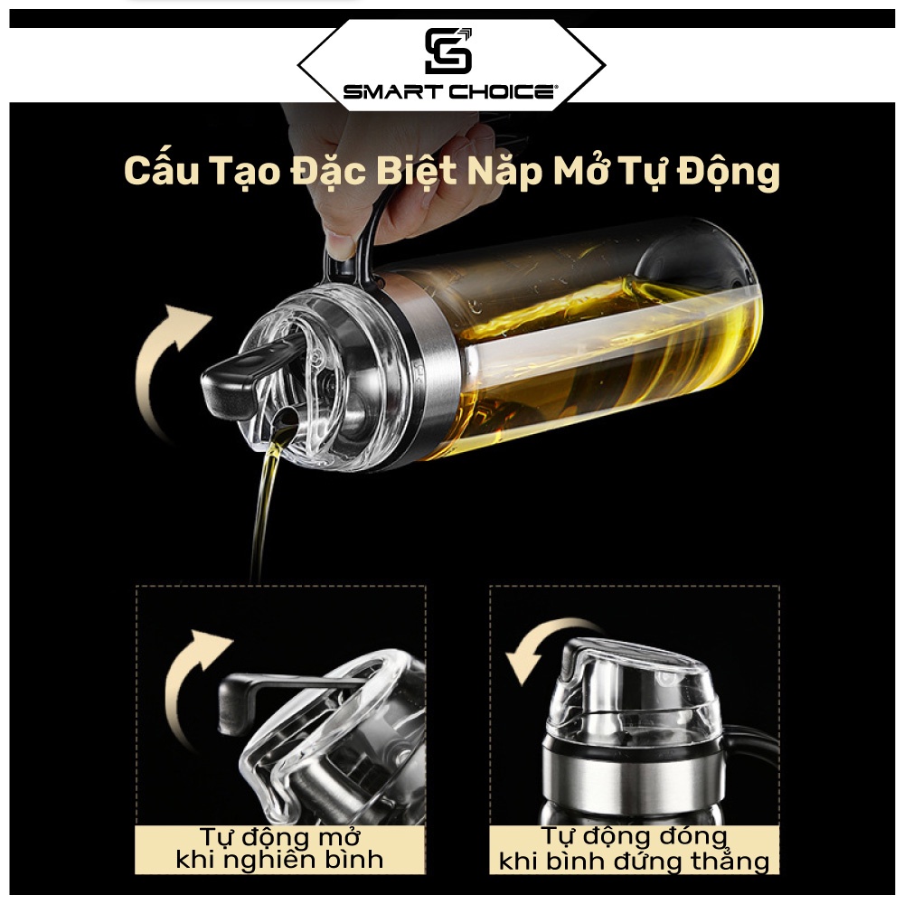 Bình Đựng Dầu Ăn Thủy Tinh SMARTCHOICE Cao Cấp, Chai Đựng Dầu Ăn, Nước Mắm Có Nắp Mở Tự Động 450ml + 550ml - Hàng Chính Hãng