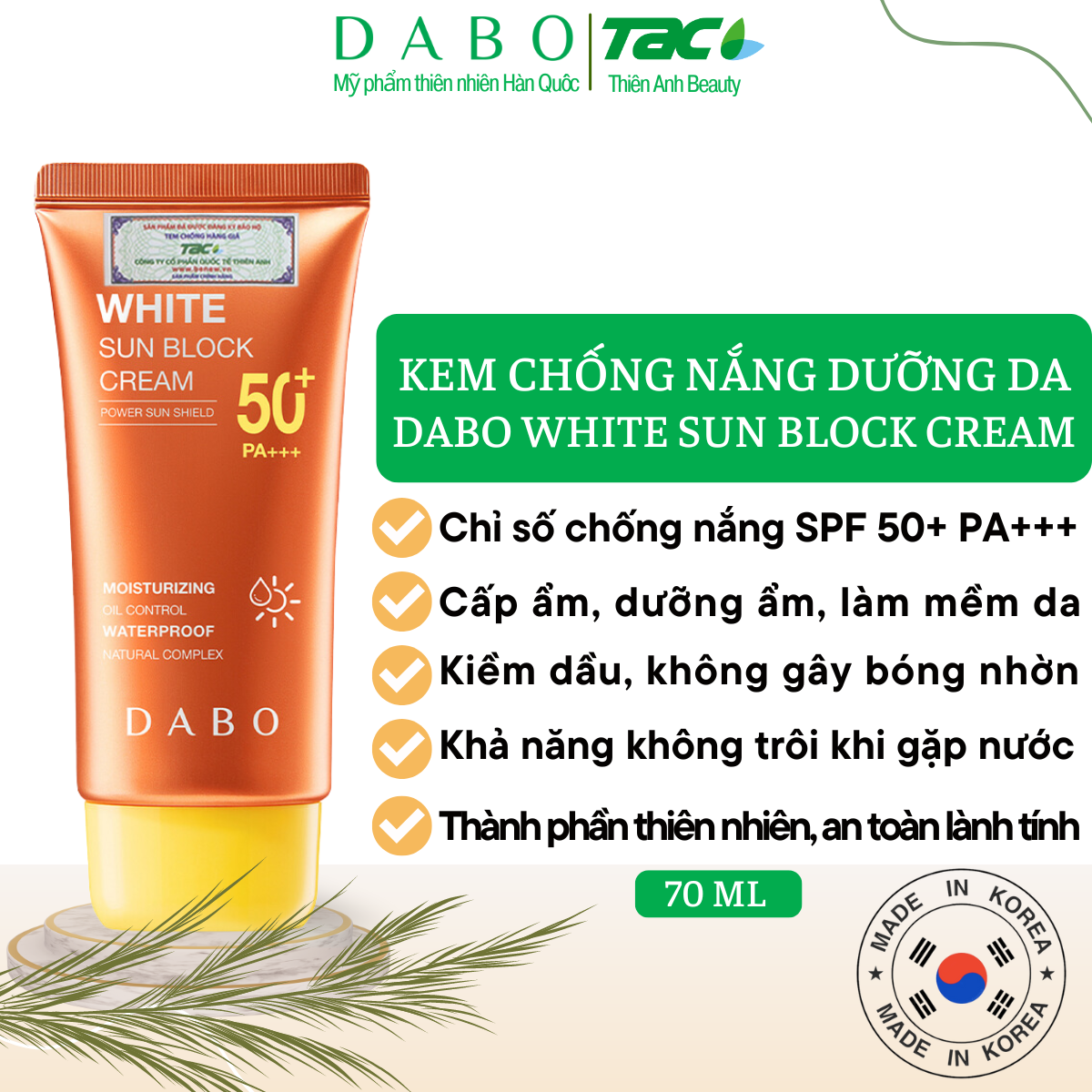 Hàng Chính Hãng - Kem chống nắng Trắng da Sạch Nhờn cho da dầu, mụn, da nhạy cảm Dabo Whitening Sunblock Cream Hàn Quốc