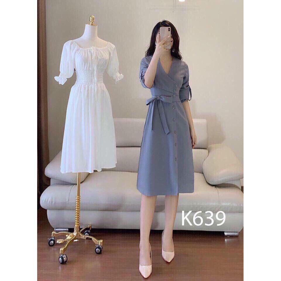 Đầm Xoè Đính nút Cổ Vest Vải Cực Đẹp