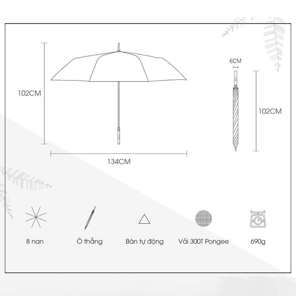 Ô thẳng cao cấp Nason Umbrella Gentle-G30 Tán rộng 30inch Khung, nan sợi thủy tinh bền bỉ Vải siêu chống thấm nước