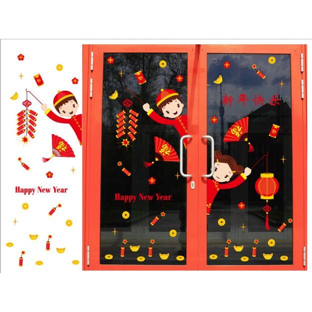 Decal trang trí tết - Bé Trai Bé Gái tưng bùng chào Xuân