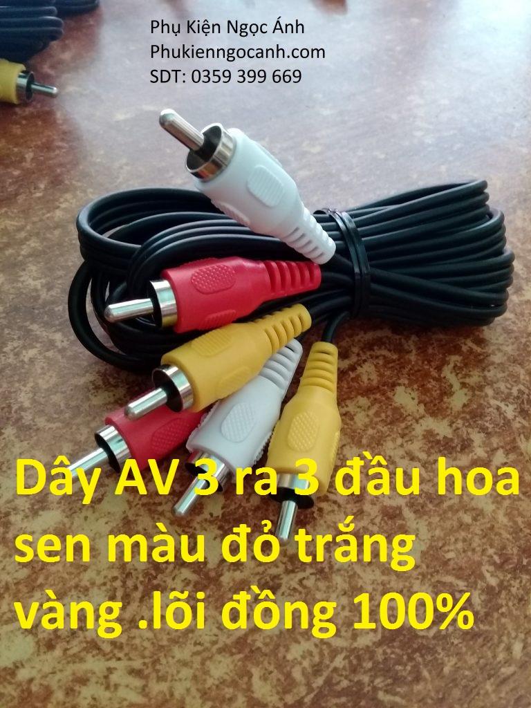 Dây AV hoa sen 3 ra 3 đầu hoa sen màu đỏ vàng trắng lõi đồng 100%,dây av audio,dây av hoa sen