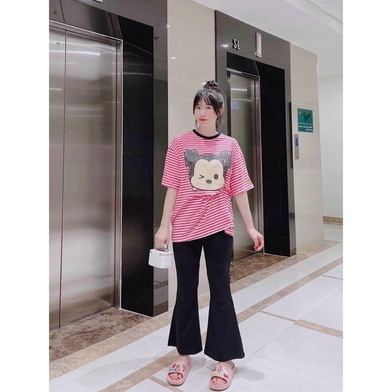 Quần ống loe dáng dài, quần ống loe nữ, quần le đen kẻ xám.