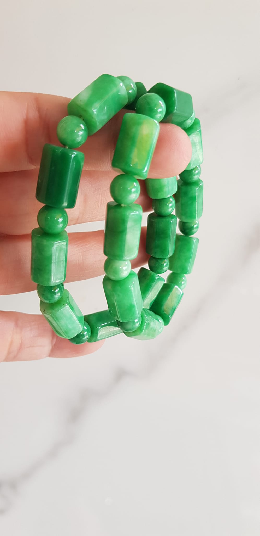Vòng đeo tay nữ đá cẩm thạch xanh mix kiểu hạt ống vuông dài tròn size 10mm Nữ mệnh mộc hỏa thủy đeo xinh may mắn ạ