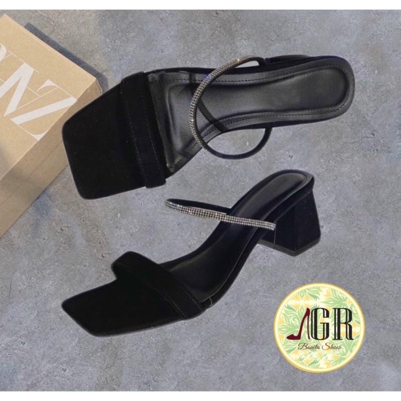 Guốc nỉ phối dây đá sáng gót vuông 6p