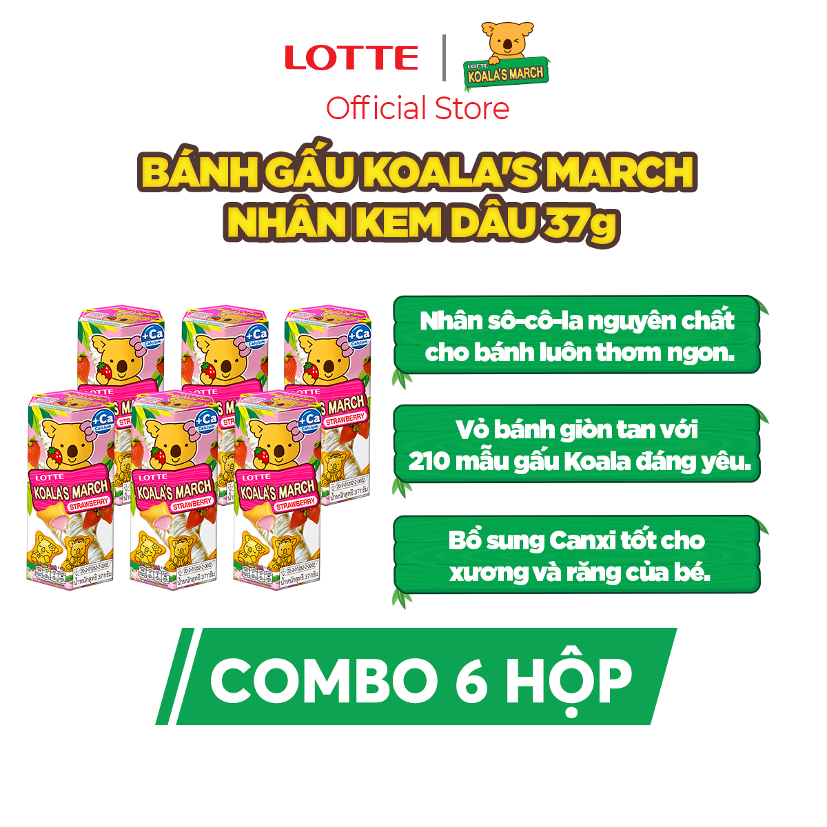 Combo 6 hộp Bánh gấu Koala's March nhân Kem Dâu 37 g