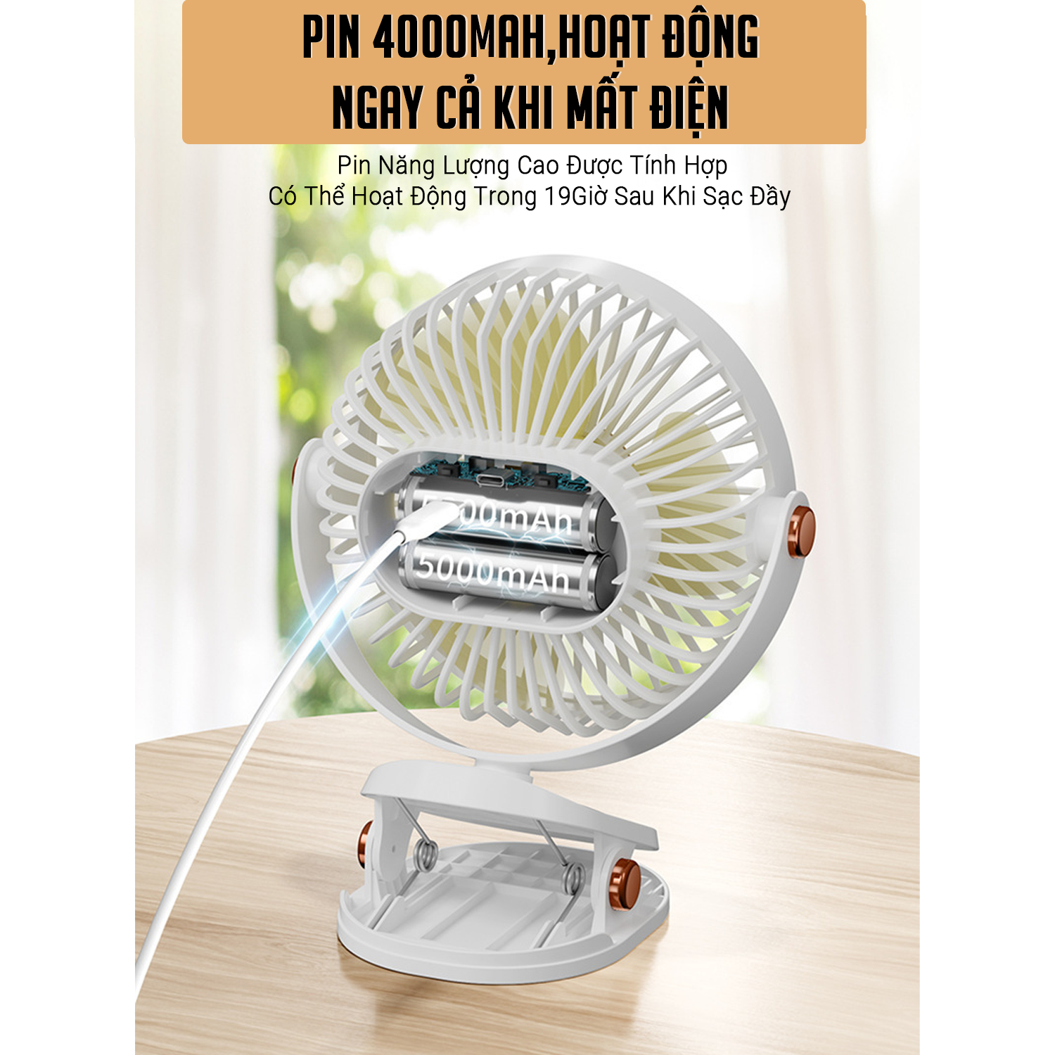 Quạt Mini Để Bàn , Quạt Tích Điện Tích Hợp Đèn Ngủ, Quạt Kẹp Bàn Besti- Quạt Cầm Tay 3 Tốc Độ, Điều Chỉnh Hướng Gió 360 Độ, Không Gây Ồn, Pin Sạc Dung Lượng Cao - Hàng Chính Hãng