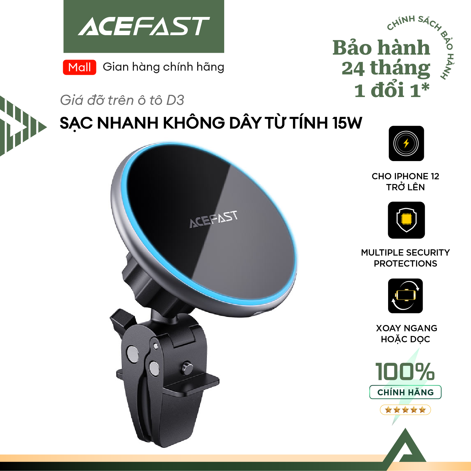 Giá đỡ sạc nhanh không dây từ tính trên ô tô 15W Acefast - D3 Hàng chính hãng Acefast