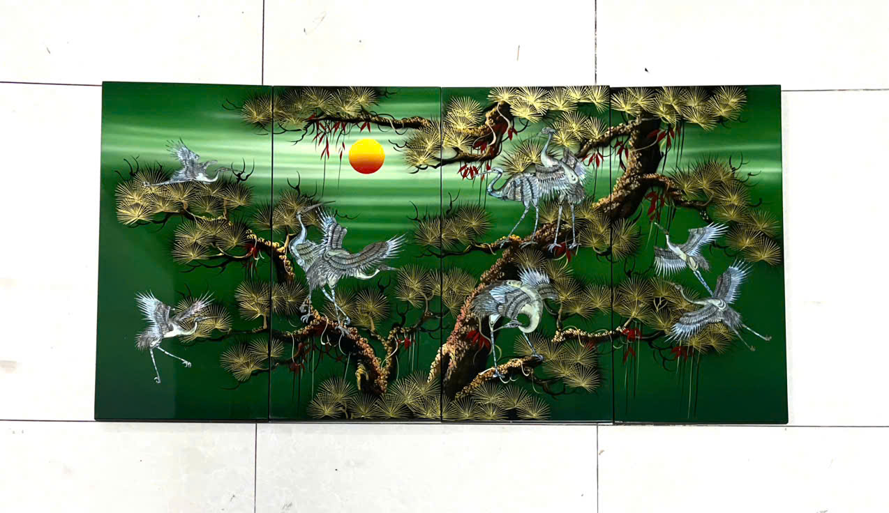 Bộ Tranh sơn mài 4 tấm- TÙNG HẠC DIÊN NIÊN - Khảm cừ size 60x120 cm / hàng cao cấp , xuất khẩu