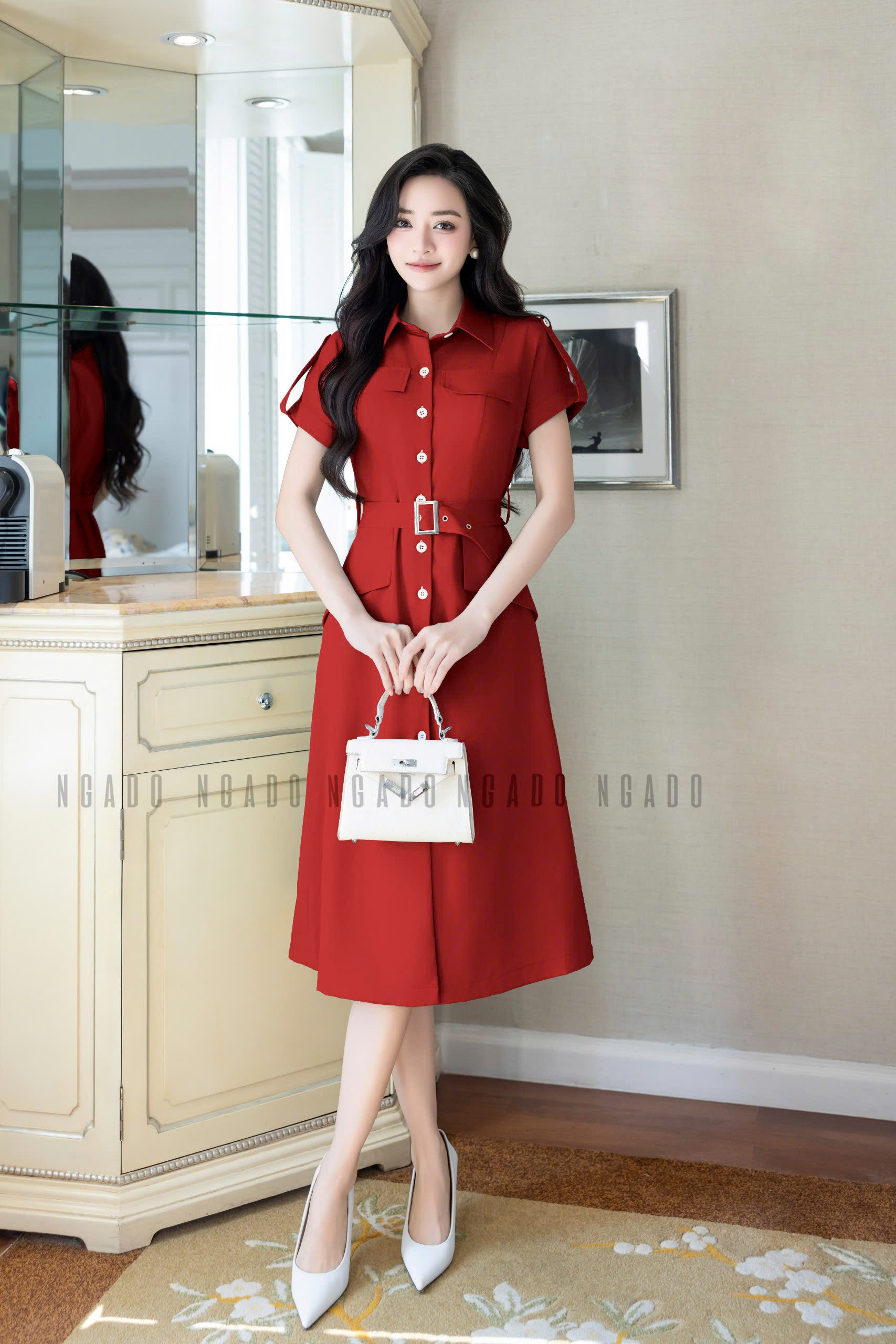 Đầm sơ mi đỏ NGADO , đầm kiểu Nữ , đầm dự tiệc , sang trọng