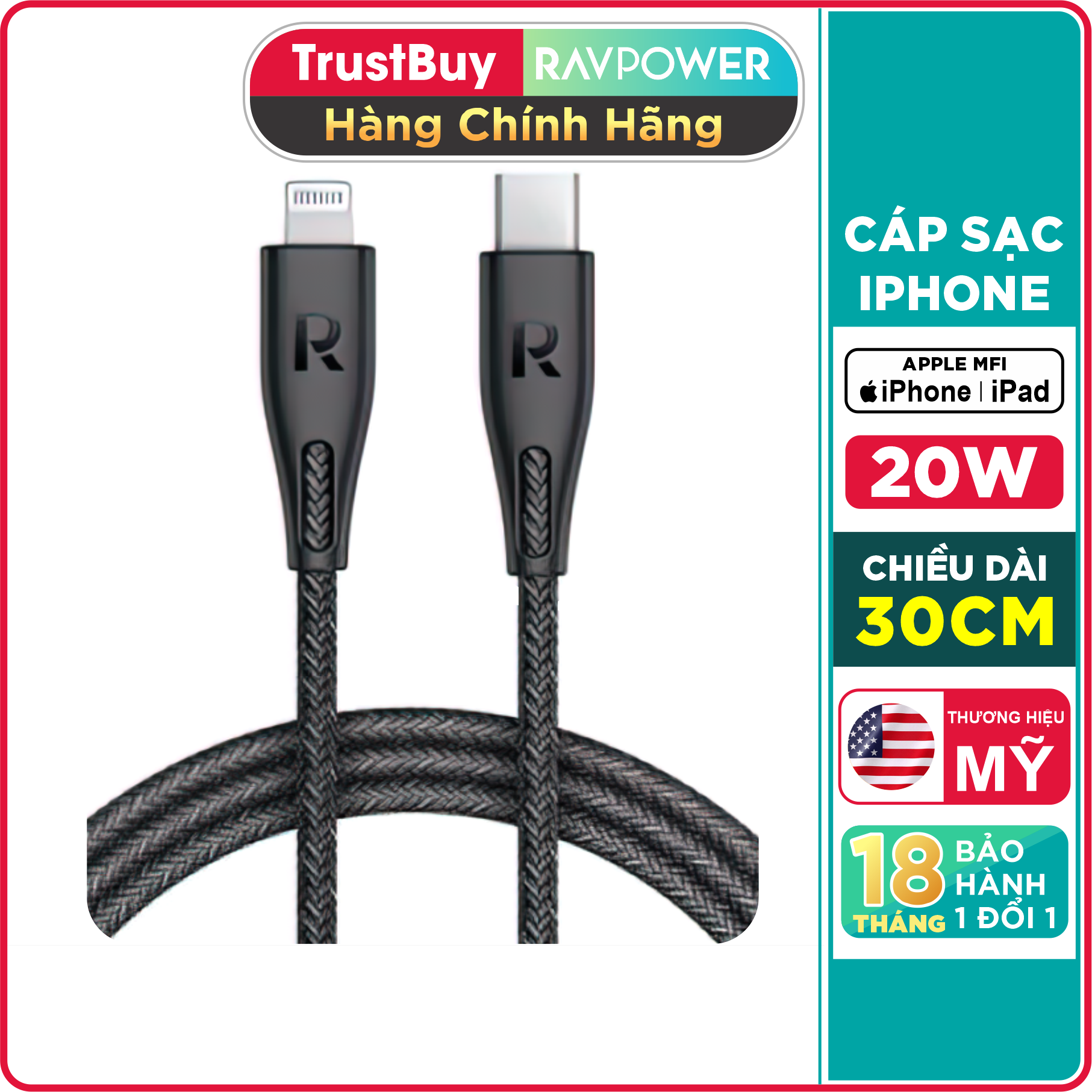 Dây Cáp Sạc Nhanh Type-C To Light.ning 20W Dành Cho iPhone, Cho iPad Chuẩn MFI C94, Dài 30cm RAVPower RP-CB1003 - Hàng Chính Hãng