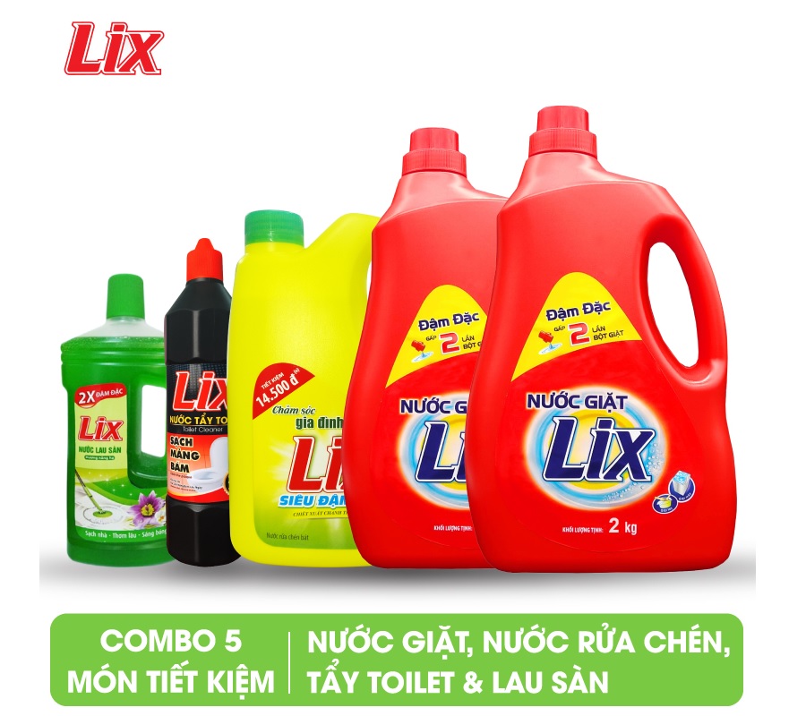 COMBO số 17 gồm 5 món Lix siêu tiết kiệm (2 chai nước giặt đậm đặc hương hoa 2kg, Nước lau sàn hương nắng hạ 1 lít, Nước rửa chén siêu đậm đặc hương chanh 1.4kg, Nước tẩy toilet 1kg)