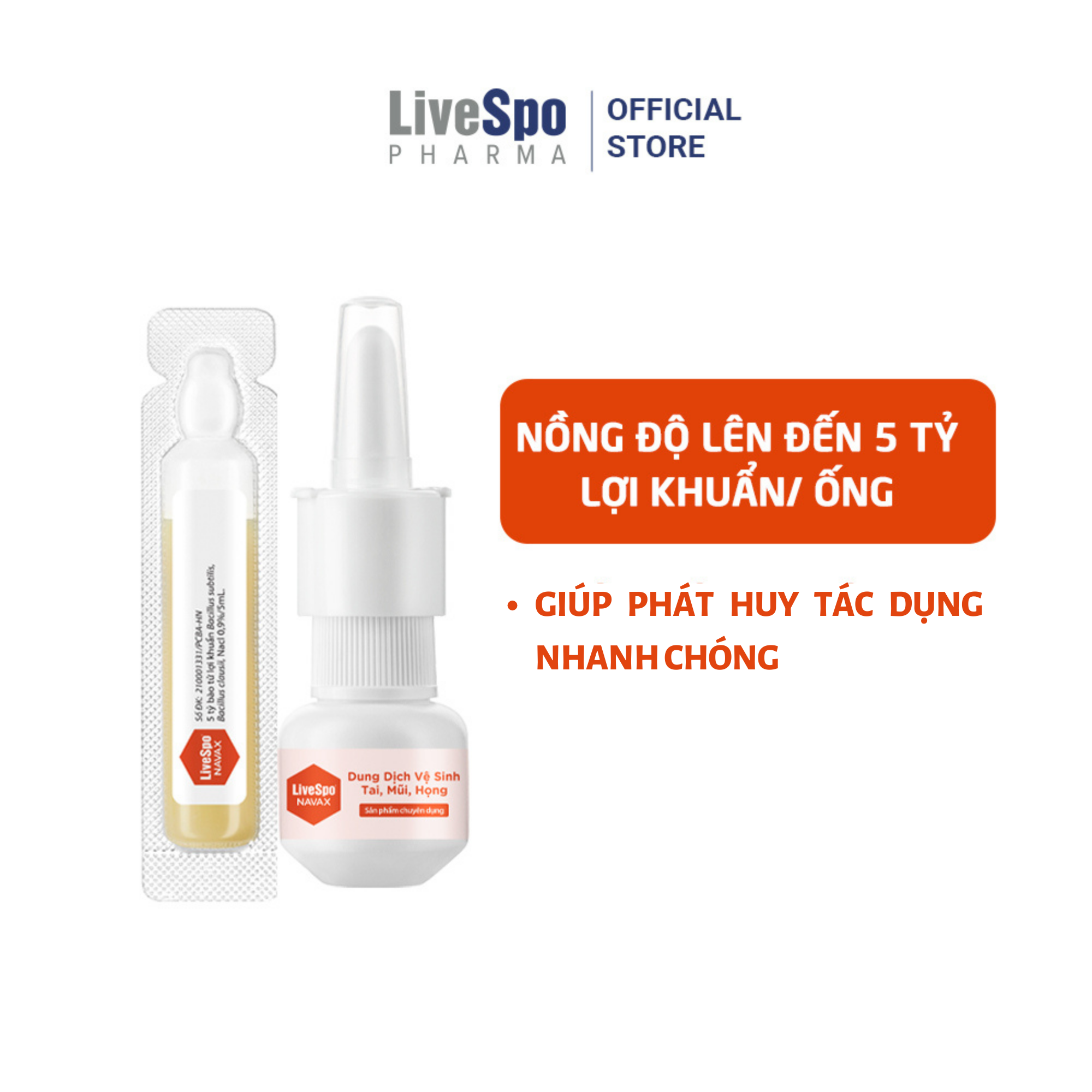 Combo Hộp nước muối sinh lý bào tử lợi khuẩn LiveSpo Navax Family - Dành cho gia đình 5 ống x 5ml + Hộp nước muối sinh lý bào tử lợi khuẩn Livespo Navax chuyên dụng - vệ sinh, phòng ngừa viêm nhiễm tai mũi họng 4 ống x 5ml