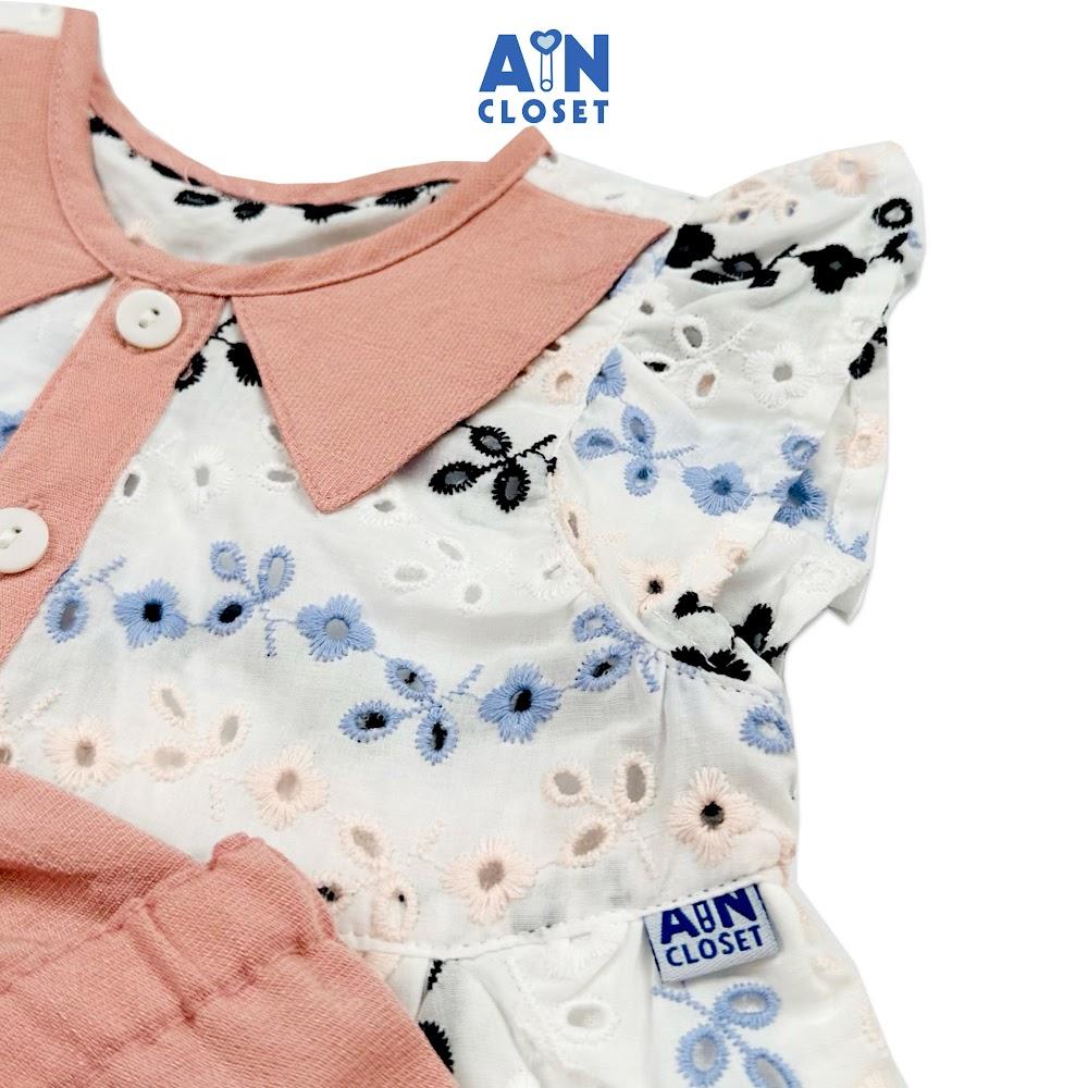 Bộ quần áo ngắn bé gái họa tiết Lá Thêu quần hồng cotton - AICDBGNTEWJY - AIN Closet