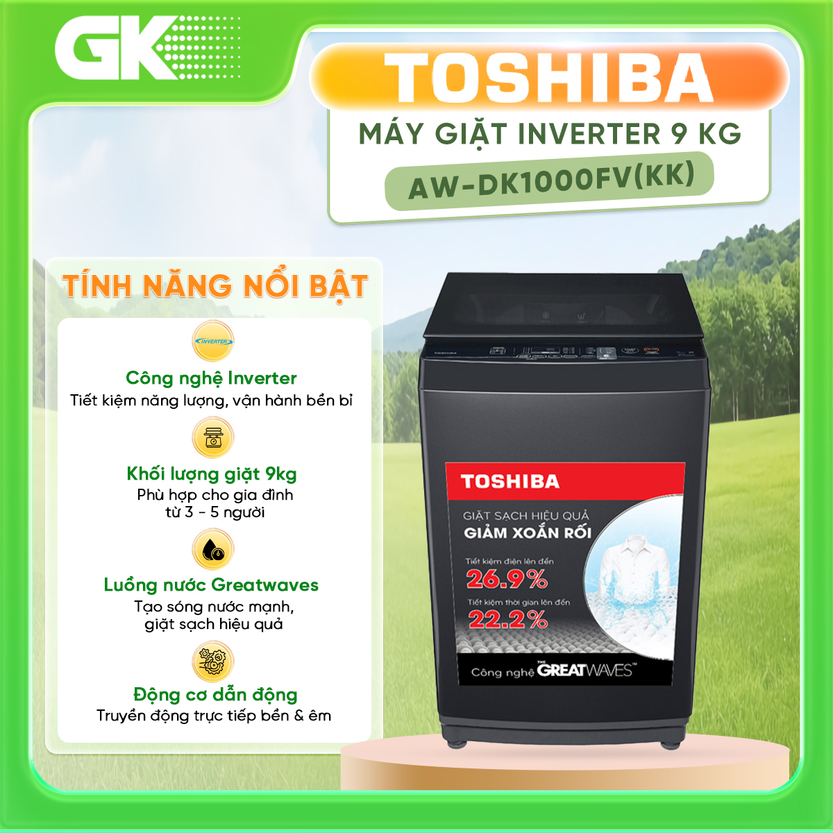 Máy giặt cửa trên Toshiba Inverter 9.0 kg AW-DK1000FV(KK) Model 2020 - Chỉ giao HCM