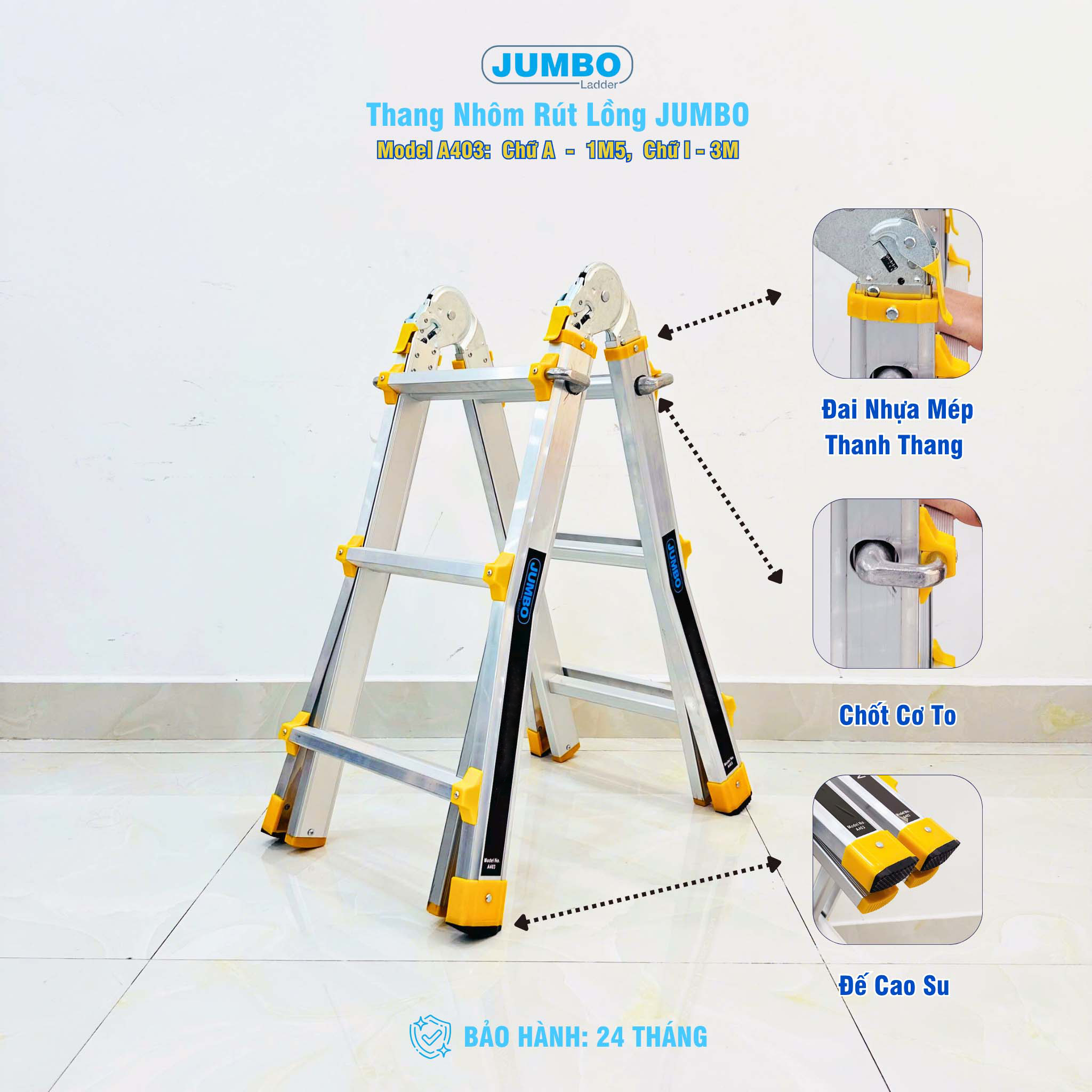 Thang nhôm trượt đa năng JUMBO A403 - Chữ A cao nhất 1.4m, chữ I cao nhất 3.0m, tải trọng 300kg