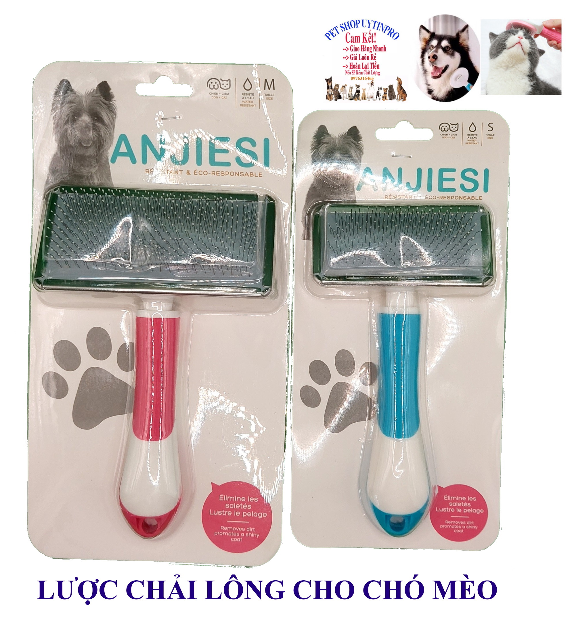 Lược chải lông Chó Mèo Chấm bi ANJIESI Cán dài 12cm Đầu lược thiết kế hình chữ nhật Giúp làm mượt lông Loại bỏ lông rụng