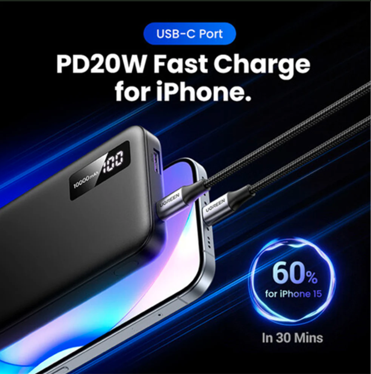 Pin sạc dự phòng dùng cho điện thoại 10000mAh Li-ion 2 cổng đầu ra Ugreen 25742 màu đen - Hàng chính hãng