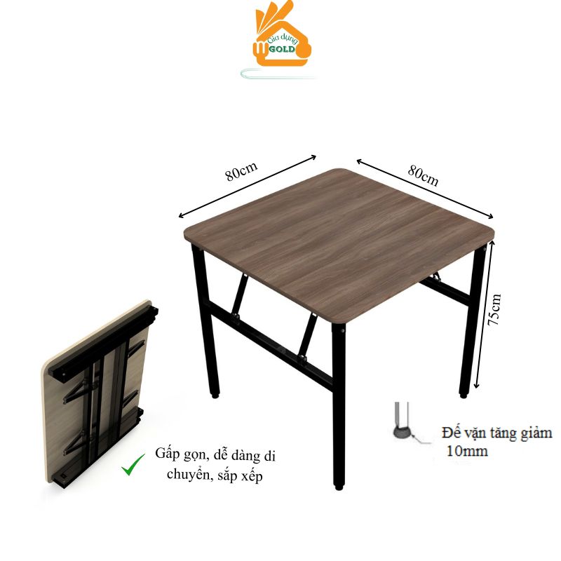 Bàn Làm Việc, Bàn Ăn, Bàn Học Gấp Gọn Chân Sắt Gấp Gọn Mặt Gỗ MDF Vuông 80cm