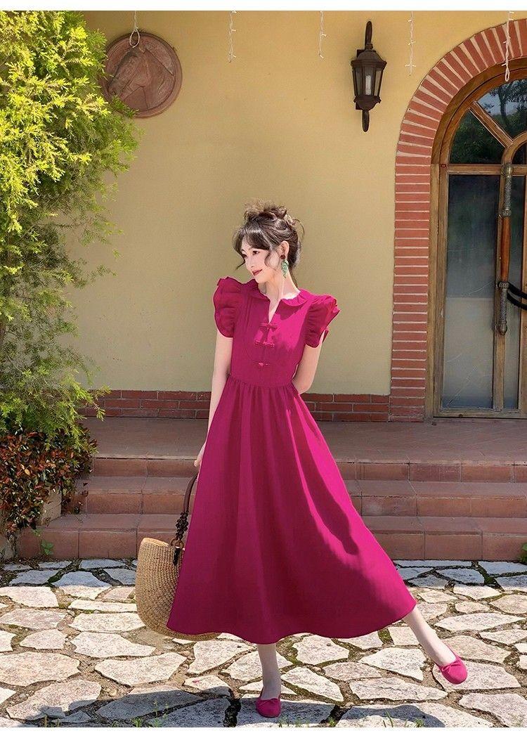 SHUANGYAN Phong cách Pháp phục cổ màu đỏ Tiểu Phi tay áo đầm nữ mùa hè thu eo lộ ra gầy chữ A váy đầm khí chất cao cấp cảm giác váy dài