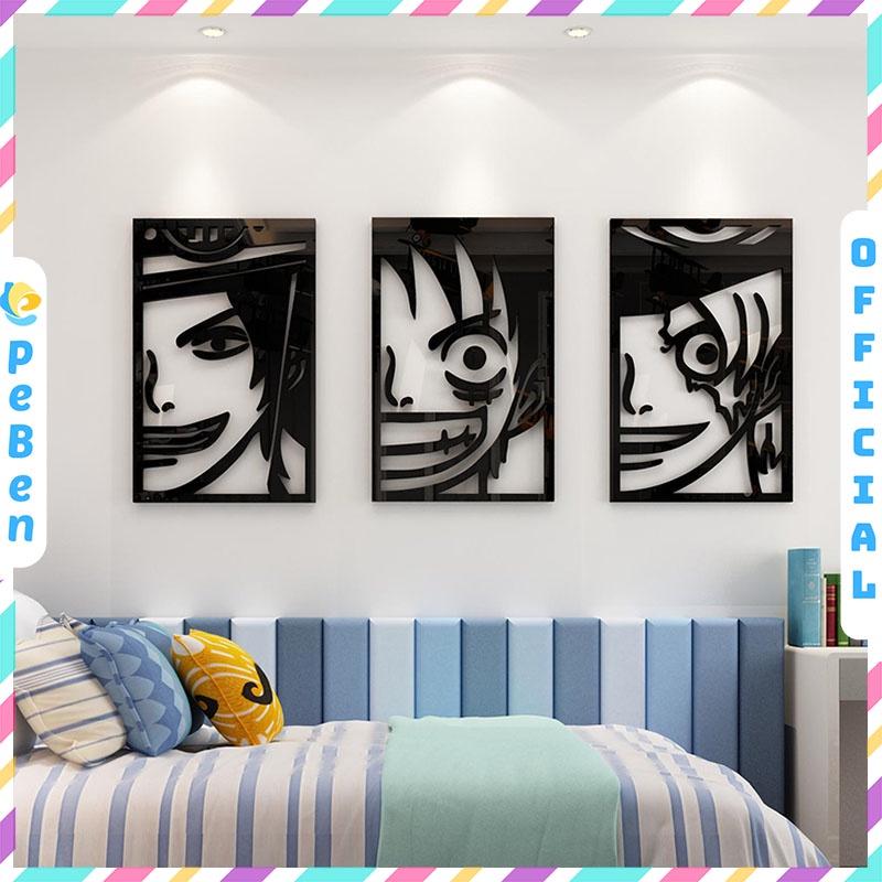 Tranh dán tường mica 3d decor khổ lớn one piece ace luffy shanks tóc đỏ trang trí quán game phòng game thủ
