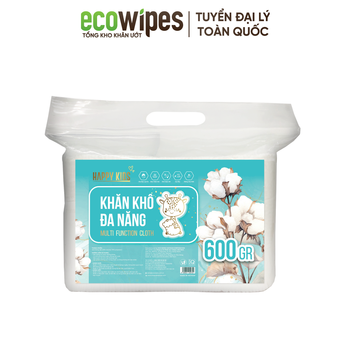 Combo 3 khăn vải khô đa năng HappyKids EcoWipes 600/900GR túi siêu tiết kiệm không chất tẩy trắng