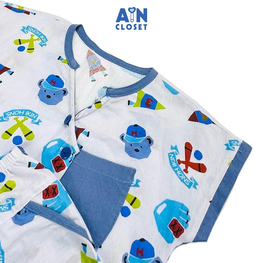 Bộ quần áo ngắn bé trai họa tiết Gấu Bóng Chày xanh cotton - AICDBTKE87TA - AIN Closet