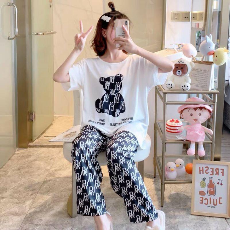 Đồ Bộ Mặc Nhà Nữ Đồ bộ thun gấu quần dài, đồ mặc ở nhà Quảng Châu, họa tiết hoạt hình dễ thương