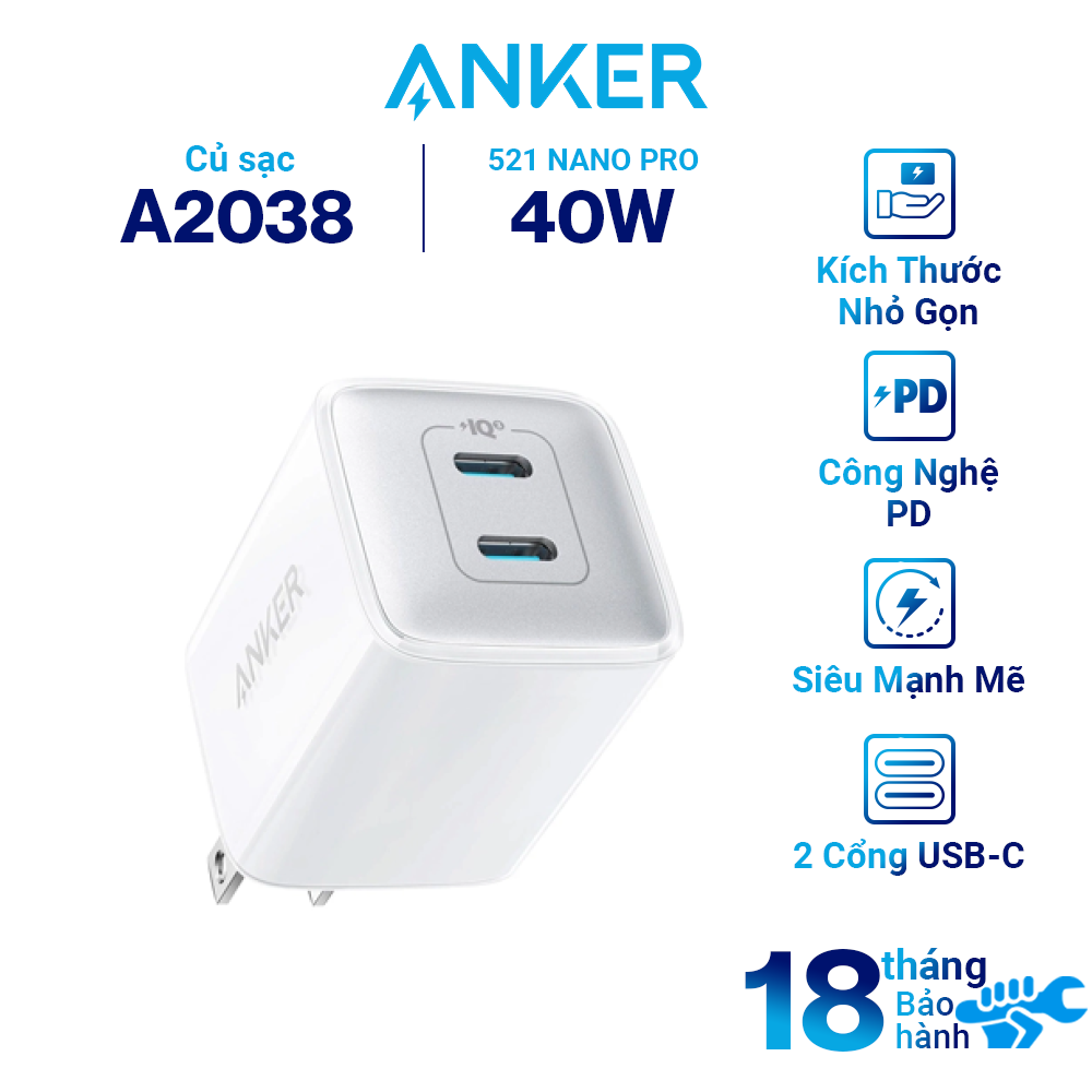 Adapter Sạc 2 Cổng ANKER 521 Nano Pro 40W Type-C Sạc Nhanh Nhỏ Gọn Tích Hợp PIQ 3.0 Tương Thích Iphone 13/13 Mini / 13 Pro / 13 Pro Max / 12, Galaxy, Pixel 4/3, Ipad / Ipad Mini A2038 - Hàng Chính Hãng