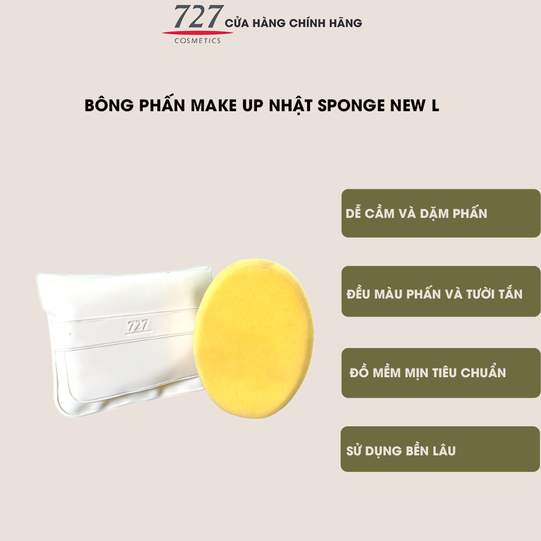 Bông phấn, mút phấn trang điểm tròn lớn dặm phấn đều màu tự nhiên Nhật 727 Make up Sponge New L