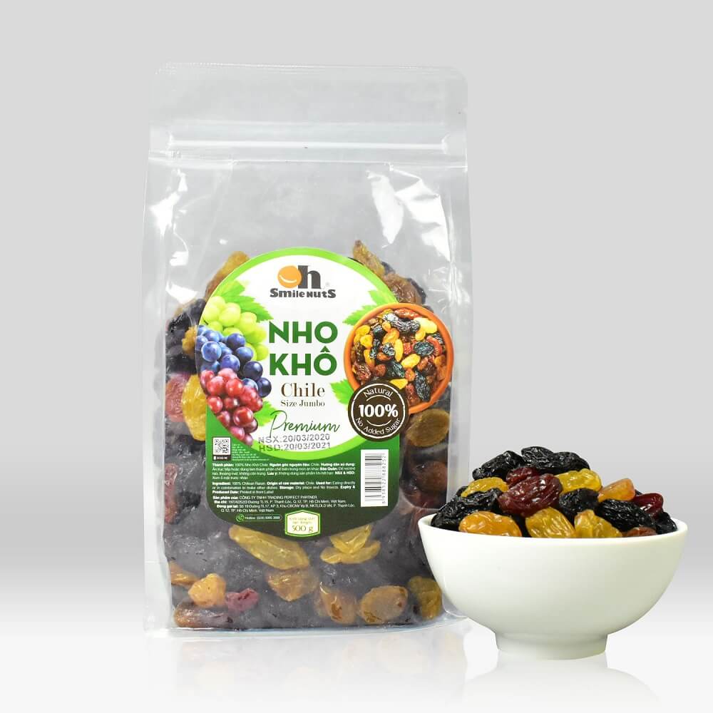 Nho Khô Mix Không Hạt Smile Nuts Túi 500g - Nhập khẩu từ Chile (nho khô hỗn hợp gồm nho đen, nho đỏ và nho vàng)