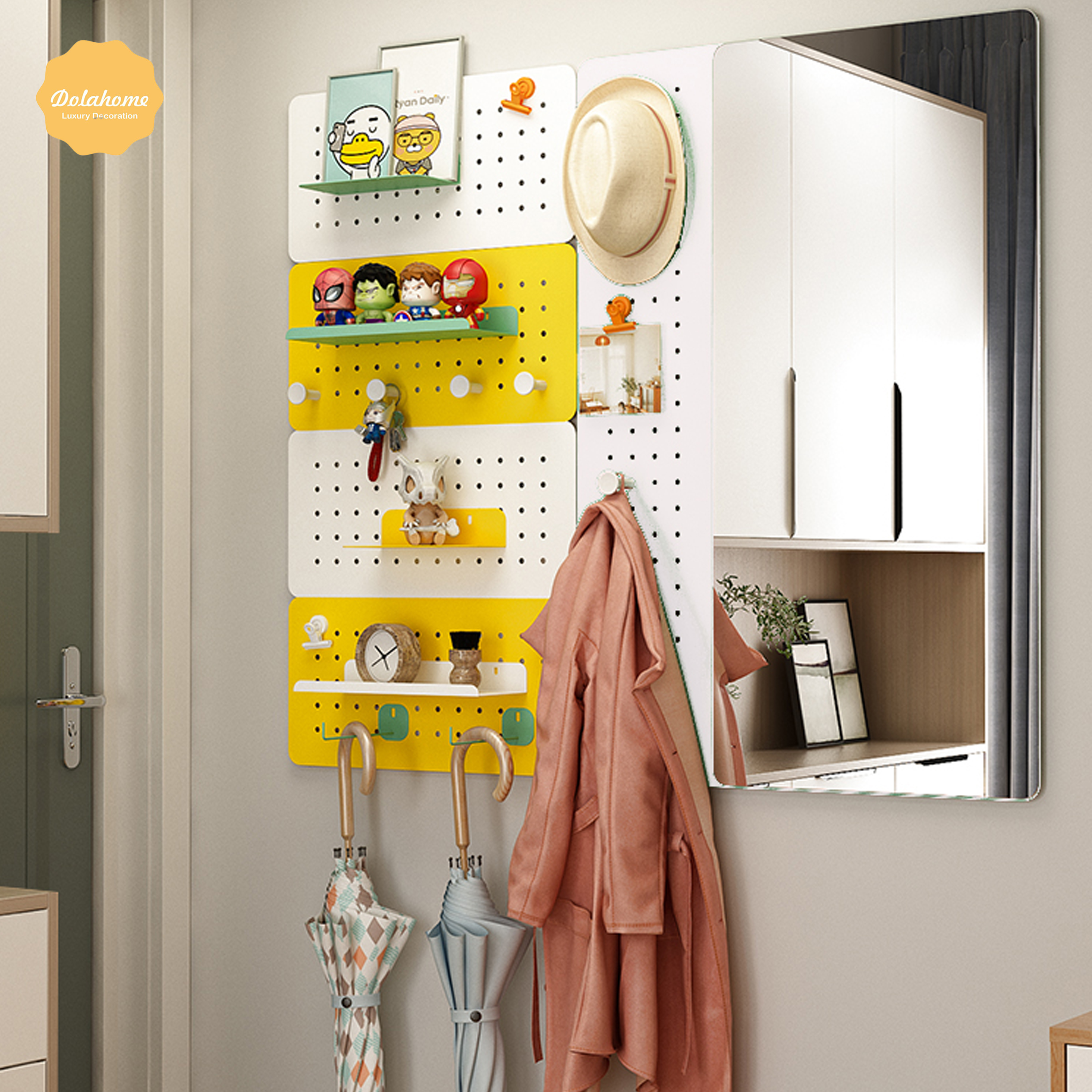 Bảng lỗ Pegboard treo tường tích hợp gương soi Dola Home kim loại cao cấp tiện dụng và trang trí nội thất