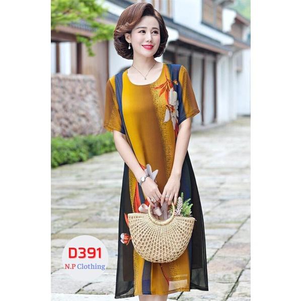 Đầm Trung Niên Sang Trọng Cho Mẹ In Họa Tiết Sắc Sảo, Size 40kg-75kg