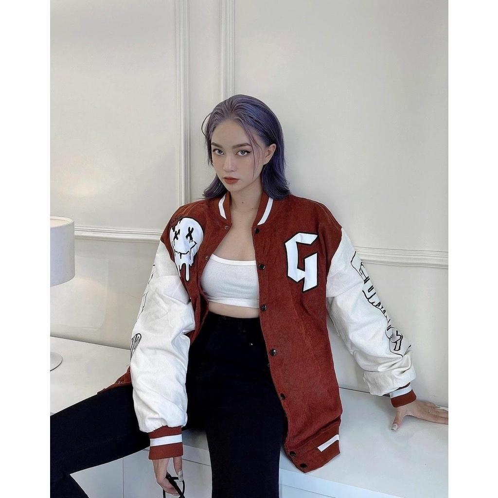 Áo Bomber Nhung Gân thêu G Jacket Varsity FF Mint V11 Unisex Form Rộng