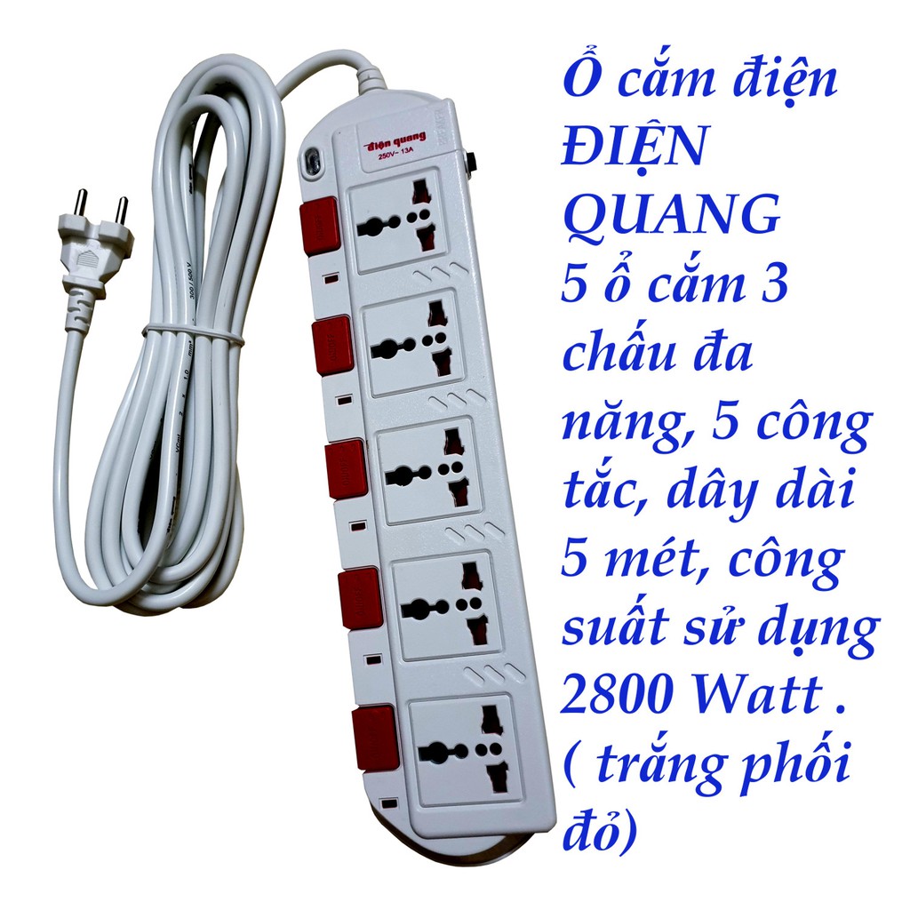    Ổ cắm Điện Quang ĐQ ESK 5W.SM750SL (5 lỗ 3 chấu dây 5 mét màu Trắng Đỏ)