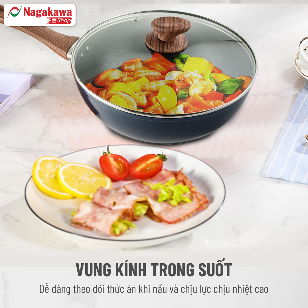 Chảo Sâu Lòng NAG2853 Đáy Từ 5 Lớp Chống Dính Vung Kính Siêu Bền Nagakawa  - Dùng Trên Mọi Loại Bếp - Hàng Chính Hãng