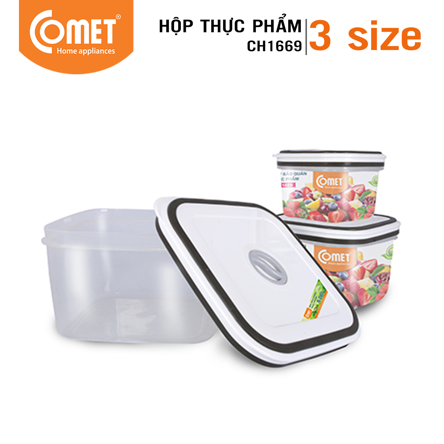 Bộ hộp nhựa đựng thực phẩm COMET Bộ 3 hộp vuông - CH1669