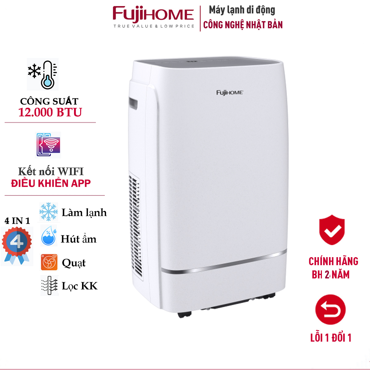 Máy lạnh di động 12.000 BTU FUJIHOME PAC12, máy lạnh đứng di động mini kết nối Wifi điều khiển qua App, 4 chức năng, làm lanh, hút ẩm, lọc không khí, quạt - Hàng chính hãng