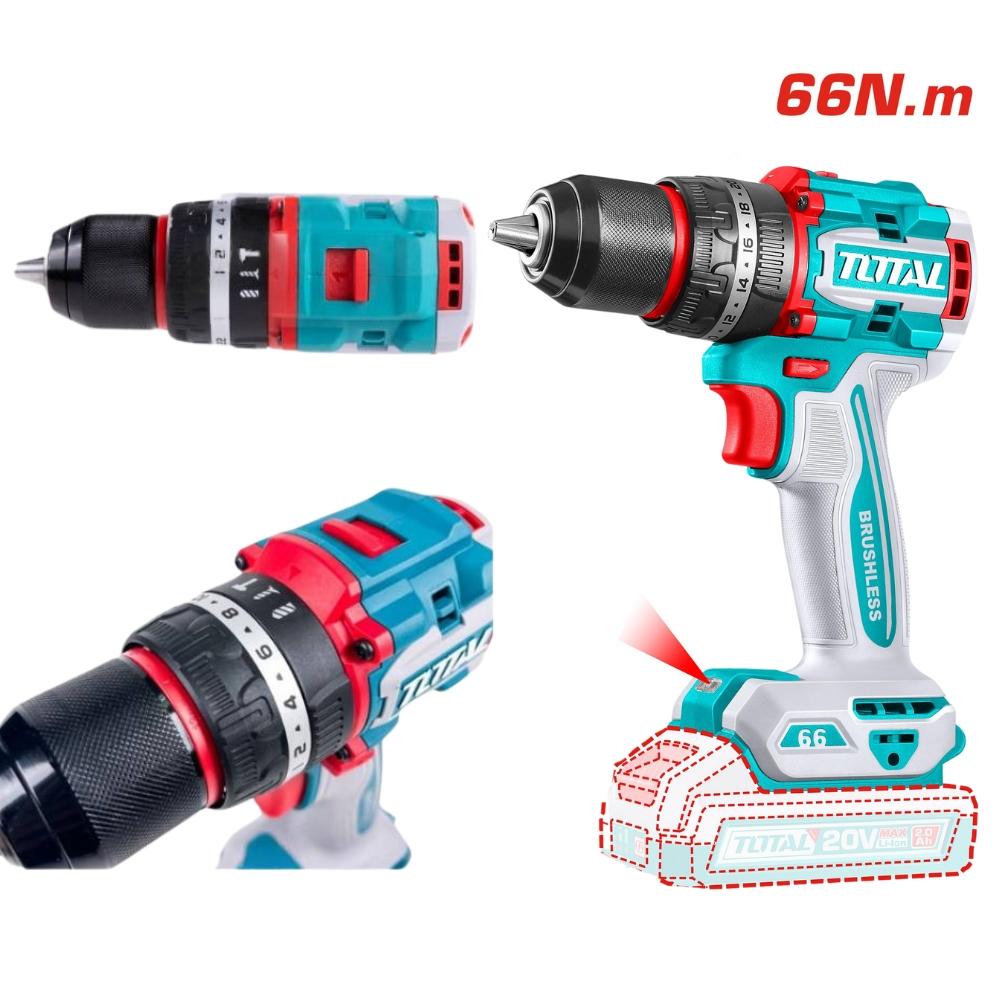 MÁY KHOAN BÚA KHÔNG CHỔI THAN DÙNG PIN 20V (KHÔNG KÈM PIN &amp; SẠC) 66NM TOTAL TIDLI206681 - HÀNG CHÍNH HÃNG