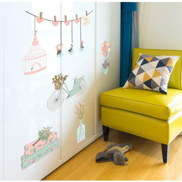 Decal dán tường trang trí - Xe Đạp và nhiều chậu hoa dịu dàng