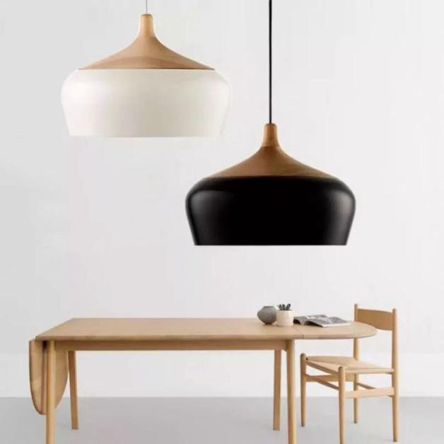 Đèn thả chao to màu trắng màu đen, đèn thả trang trí, đèn bàn ăn, đèn thả CoCo đui giả gỗ D350 HL077-350