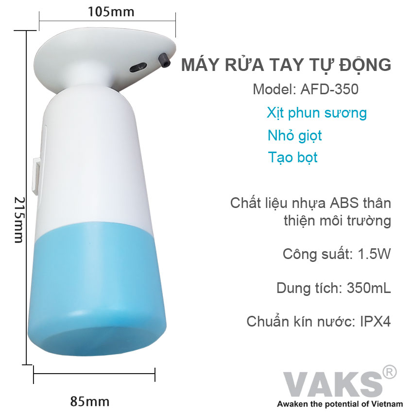 Bình rửa tay cảm ứng tự động  AFD-350, 350ml - 3 viên PIN AA - Phun sương, tạo bọt, nhỏ giọt