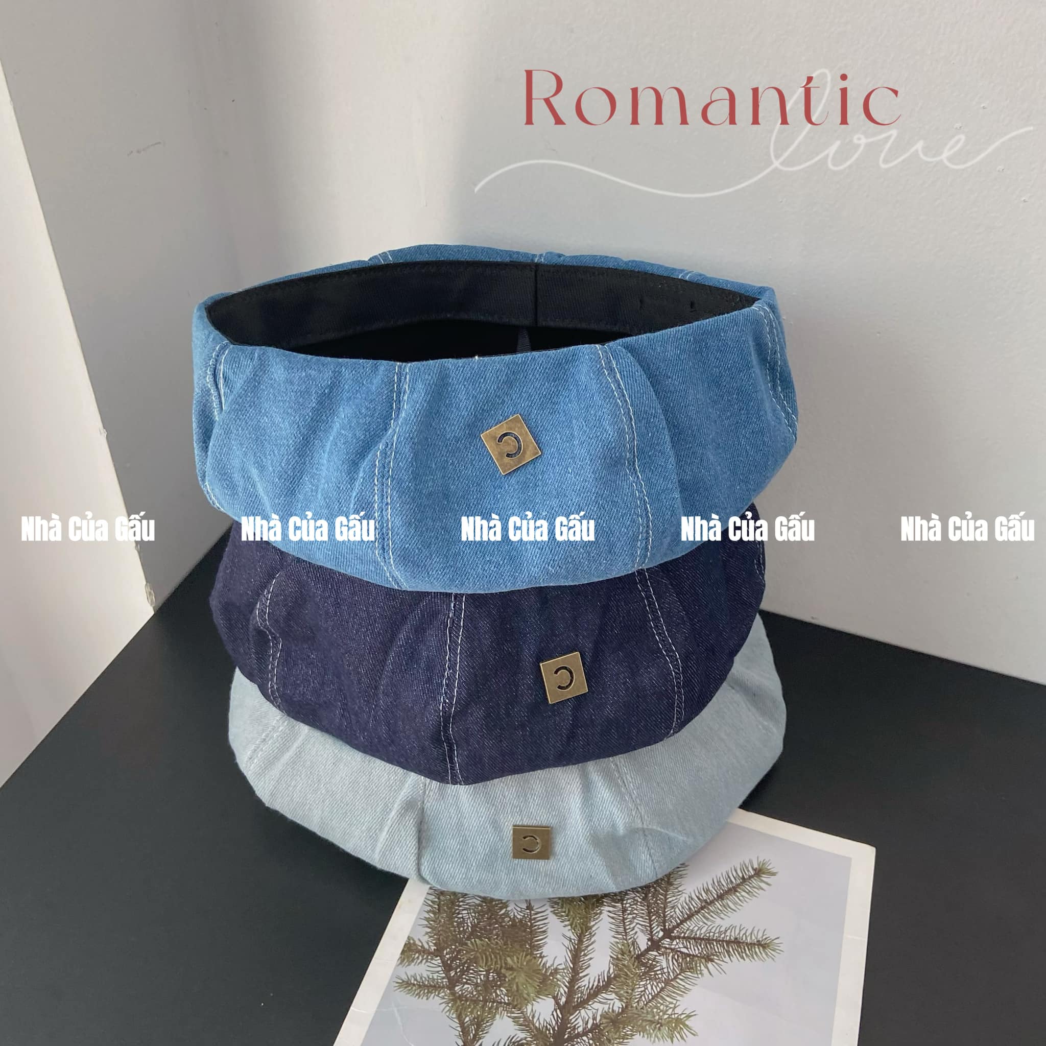 Mũ beret jean-denim tag chữ C xinh xỉu